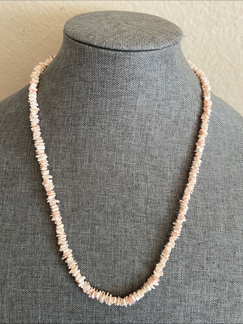 Vintage 80s Pink Shell Chip Surfer Necklace with Brass Barrel Clasp